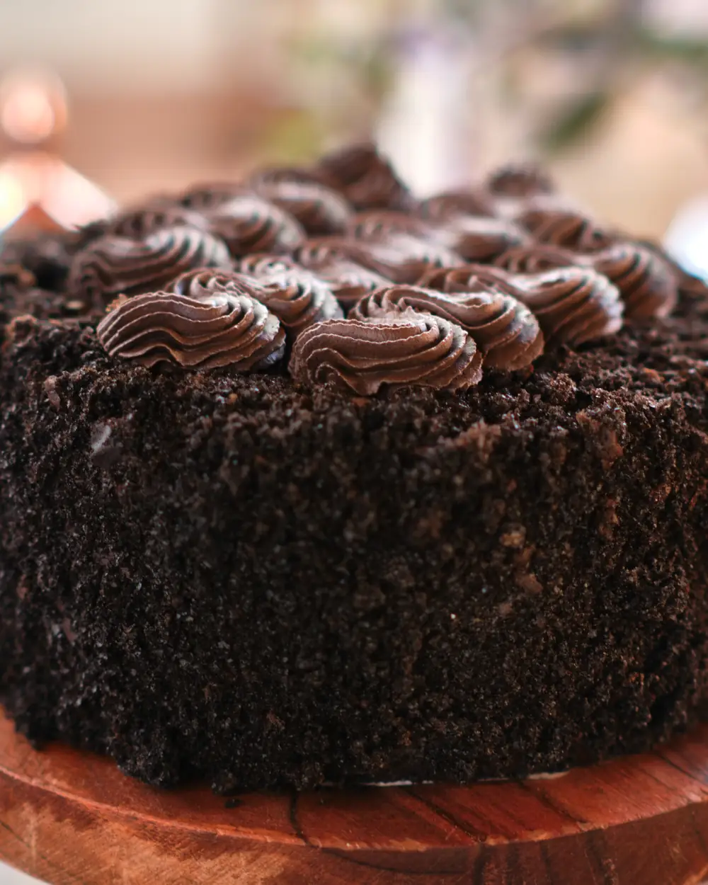 Close view of the chocolate crumb coating and chocolate rosettes