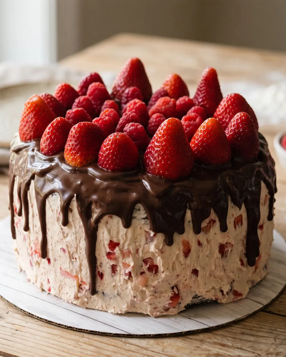 Strawberry cream cake with a chocolate drip, crowned with whole fresh strawberries