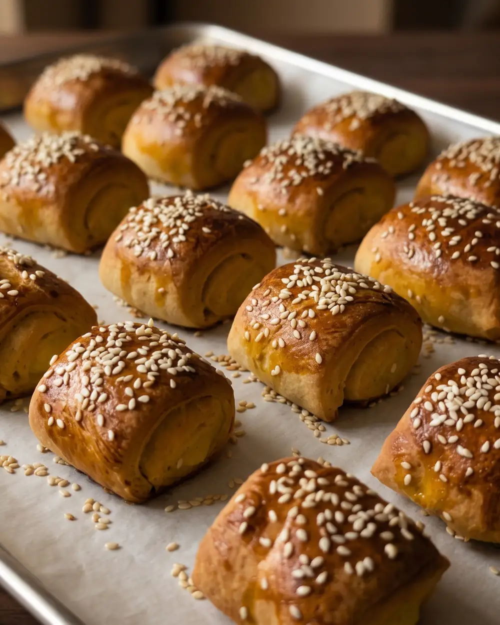 A baking tray of golden Persian style Danish pastries with sesame