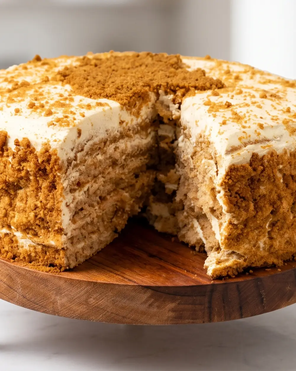 Honey cake with a slice cut away, showing the layers inside