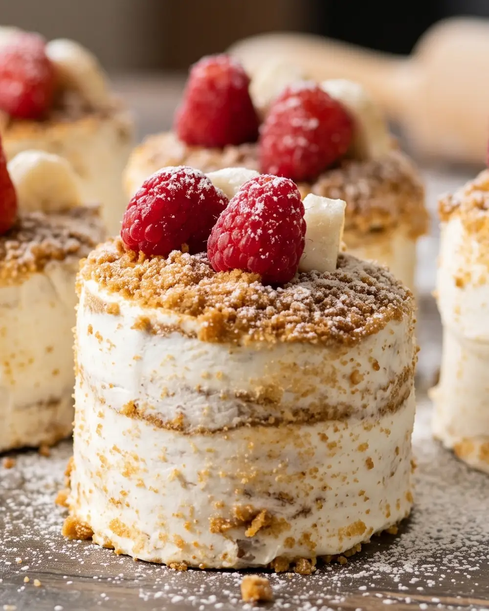 A row of mini honey cakes on a dusted wooden board