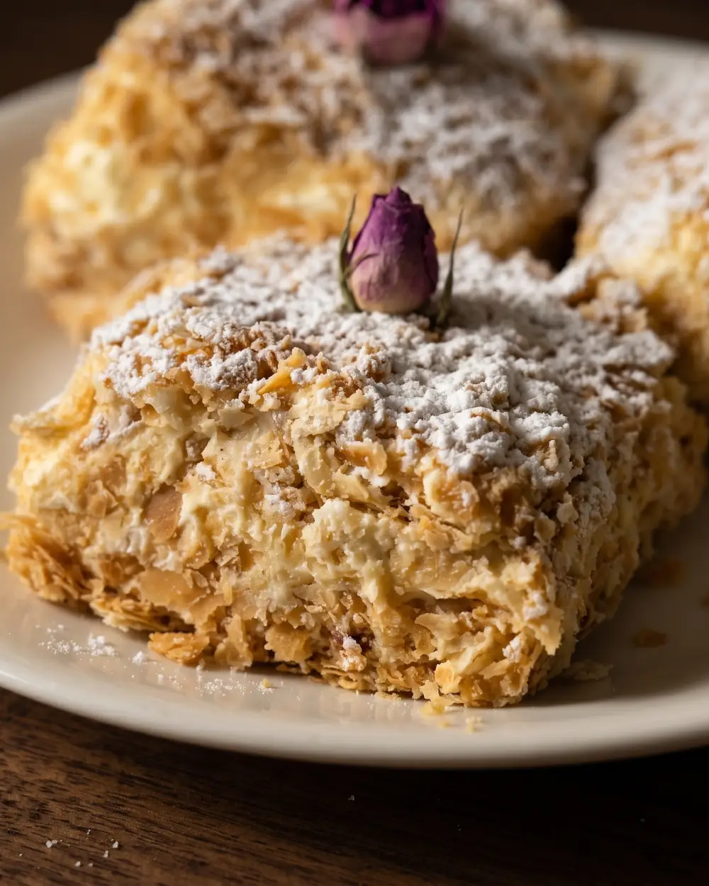 Napoleon pastry square dusted with powdered sugar and topped with a dried rosebud