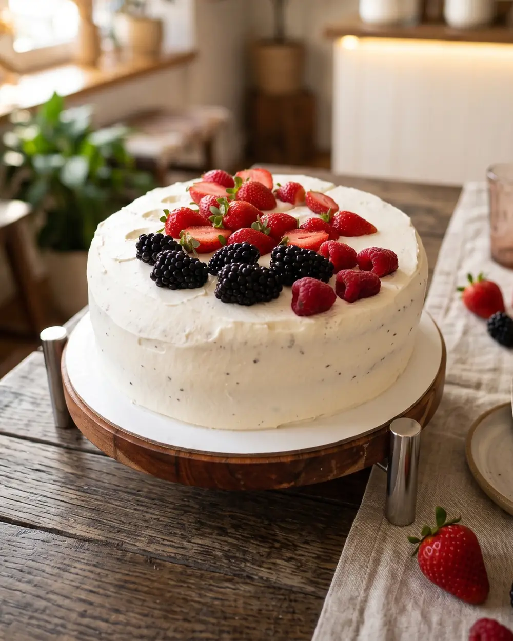 White vanilla cake topped with strawberries, raspberries and blackberries on a wooden stand